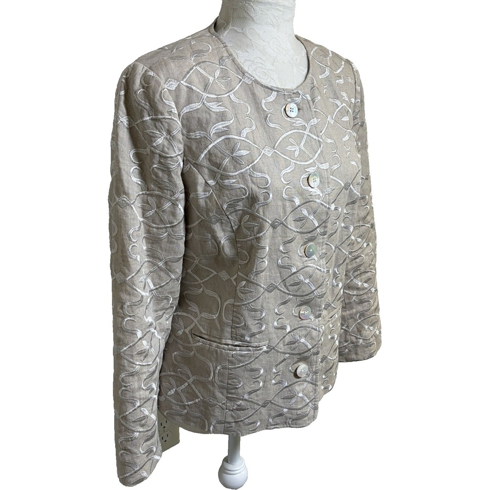 Orvis 100% Linen Embroidered Blazer Jacket~ M ~Beige Lined Buttons Country Club